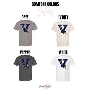 Seaman Vikings distressed letter graphic on Comfort Colors tees in grey, ivory, pepper, and white