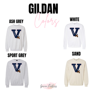 Seaman Vikings distressed letter graphic on Gildan tees and sweatshirts in ash grey, white, sport grey, and sand