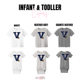 Seaman Vikings distressed letter graphic on infant and toddler tees and bodysuits in white, heather grey, and granite heather