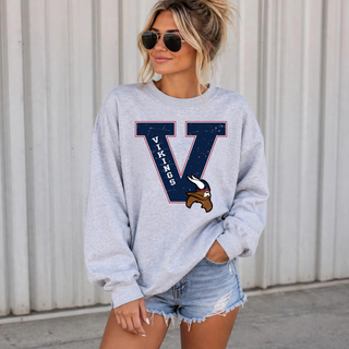 Heather grey crewneck sweatshirt with a distressed navy block V, VIKINGS lettering inside, and a viking mascot head graphic, Seaman Vikings design