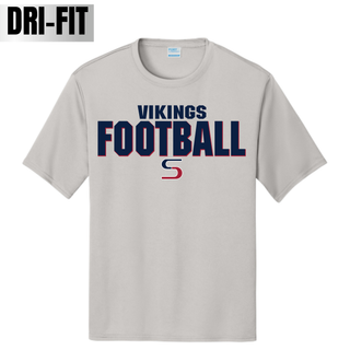 Silver dri-fit performance tee with Seaman Vikings football bold pride design in navy and red with S logo
