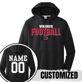 Black performance hoodie showing Seaman Vikings football bold pride design on front and custom name and number on back
