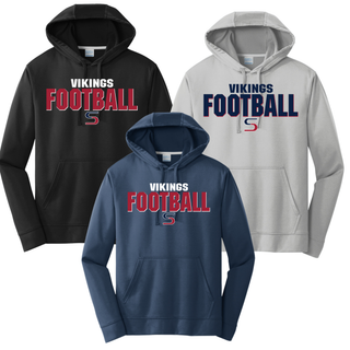 Seaman Vikings football bold pride performance hoodie in black, silver, and navy with Vikings Football S logo design
