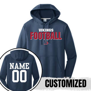 Navy performance hoodie showing Seaman Vikings football bold pride design on front and custom name and number on back
