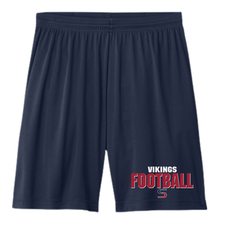 True navy cooling performance short with red and white VIKINGS FOOTBALL and S logo on left leg