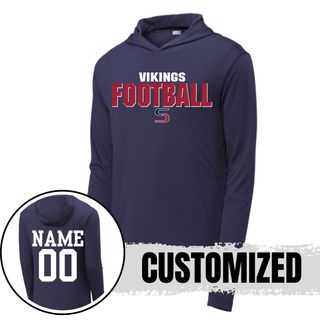 Navy PosiCharge Competitor hoodie with Seaman Vikings football bold pride design on front and custom name and number on back
