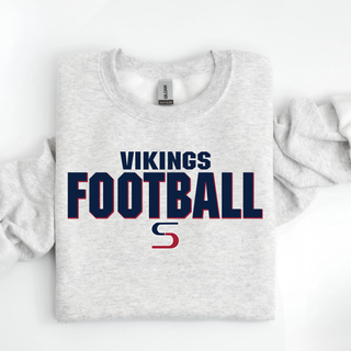 Ash grey Gildan crewneck folded flat lay with Seaman Vikings football bold pride design in navy and red with S logo
