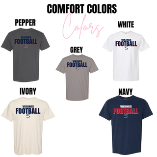 Comfort Colors 1717 Seaman Vikings football bold pride tee color chart in pepper, white, grey, ivory, and navy

