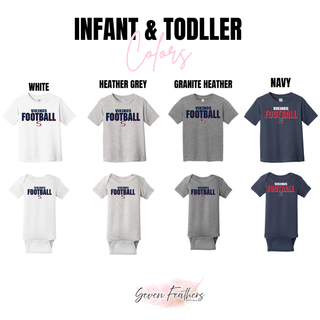 Seaman Vikings football bold pride infant toddler tee and onesie color chart in white, heather grey, granite heather, navy
