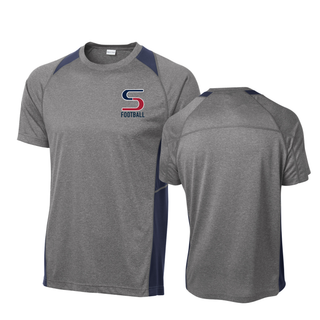 Heather grey and navy colorblock contender tee front and back views with seaman vikings football s logo
