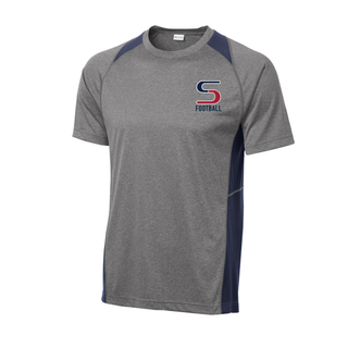 Heather grey and navy colorblock contender tee with seaman vikings football s pocket logo on left chest
