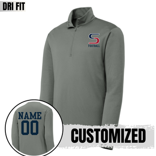 Grey dri-fit performance quarter zip with seaman vikings football s logo, back showing customized name and number
