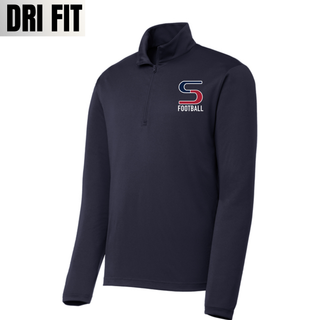 Navy dri-fit performance quarter zip with seaman vikings football s pocket logo on left chest, product shot

