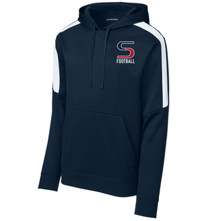 Navy and white colorblock fan favorite hoodie with seaman vikings football s pocket logo on left chest
