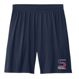 Navy performance shorts with seaman vikings football s logo on lower left leg, product flat
