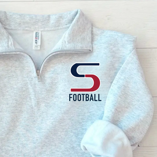 Ash grey Jerzees quarter-zip pullover with seaman vikings football s logo, flat lay on wood surface
