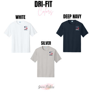 Dri-fit performance tee color chart in white, deep navy, and silver with seaman jr. vikings football s pocket logo
