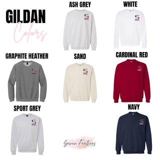 Gildan crewneck in ash grey, white, graphite heather, sand, cardinal red, sport grey, and navy with seaman vikings logo
