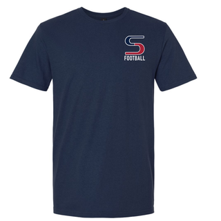 Navy tee with seaman vikings football navy and crimson s pocket logo on left chest, product flat

