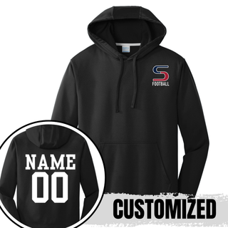 Black performance fleece hoodie with seaman vikings football s pocket logo, back showing customized name and number
