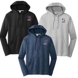 Black, silver, and navy performance fleece hoodies with seaman vikings football s pocket logo on left chest
