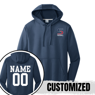 Navy performance fleece hoodie with seaman vikings football s pocket logo, back showing customized name and number
