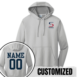 Silver performance fleece hoodie with seaman vikings football s pocket logo, back showing customized name and number
