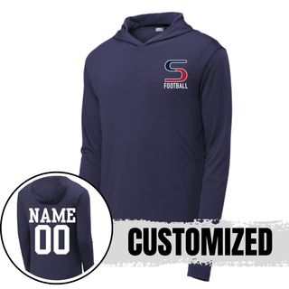 Navy posicharge competitor hoodie with seaman vikings football s pocket logo, back showing customized name and number

