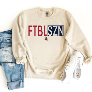 Sand Gildan crewneck sweatshirt flat lay with Seaman Vikings ftbl szn design in red and navy, jeans, white sneakers
