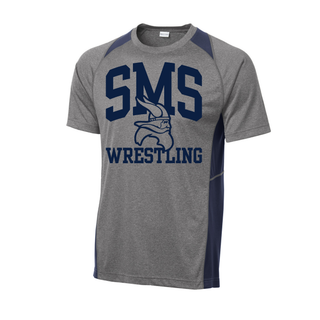 Seaman Vikings Colorblock Contender Tee with heather grey body, Navy panels, and navy SMS Viking Wrestling design
