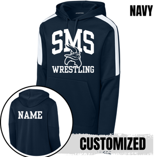 Navy Seaman Vikings Middle School Fan Favorite Hoodie with the arched SMS, Viking head, Wrestling design, and a custom name shown on the back.