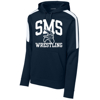 Navy Seaman Vikings Middle School Fan Favorite Hoodie with white shoulder panels and the arched SMS, Viking head, and Wrestling design.