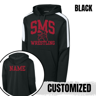 Black Seaman Vikings Fan Favorite Hoodie with white colorblock panels, cardinal red SMS and Viking head Wrestling design, and a customizable name shown on the back