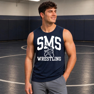 Men's True Navy PosiCharge tank with white SMS lettering, Viking head, and Wrestling design