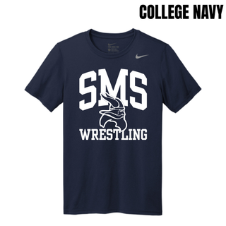 College Navy Seaman Vikings men's rLegend tee with white SMS, Viking head, and Wrestling design