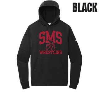 Black Seaman Vikings Therma-FIT pullover hoodie with cardinal red SMS, Viking head, and Wrestling design