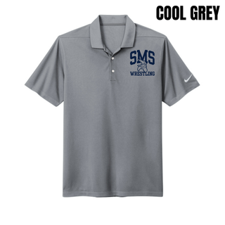 Cool Grey Seaman Vikings Nike Dri-FIT Micro Pique Polo with navy SMS, Viking head, and Wrestling design