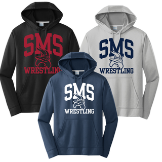 Seaman Vikings Middle School performance hoodies featuring arched SMS, a Viking head, and Wrestling design.