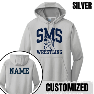 Iron Grey Seaman Vikings Middle School performance hoodie with arched SMS, Viking head, Wrestling design, and custom name on back.