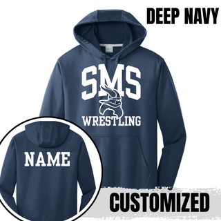 Silver Seaman Vikings Middle School performance hoodie with arched SMS, Viking head, Wrestling design, and custom name on back.