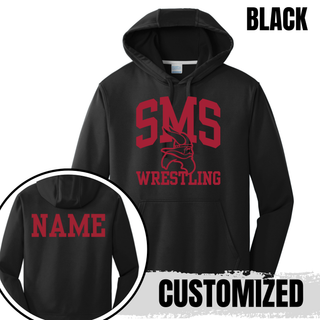 Black Seaman Vikings Middle School performance hoodie with arched SMS, Viking head, Wrestling design, and custom name on back.