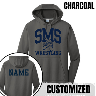 Charcoal Seaman Vikings Middle School performance hoodie with arched SMS, Viking head, Wrestling design, and custom name on back.