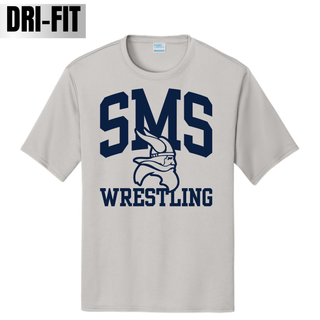 Seaman Vikings Middle School performance top with arched SMS, a Viking head, and Wrestling design in Silver.