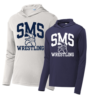 Seaman Vikings Middle School arched SMS, Viking head, and Wrestling design on Sport-Tek PosiCharge hooded pullovers.
