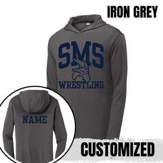 Iron Grey Seaman Vikings Middle School PosiCharge hooded pullover with arched SMS, Viking head, Wrestling design, and custom name on back.
