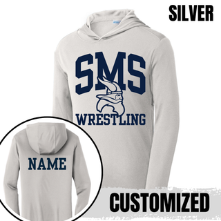 Silver Seaman Vikings Middle School PosiCharge hooded pullover with arched SMS, Viking head, Wrestling design, and custom name on back.