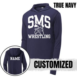 True Navy Seaman Vikings Middle School PosiCharge hooded pullover with arched SMS, Viking head, Wrestling design, and custom name on back.