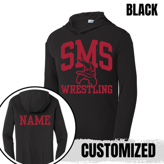 Black Seaman Vikings Middle School PosiCharge hooded pullover with arched SMS, Viking head, Wrestling design, and custom name on back.