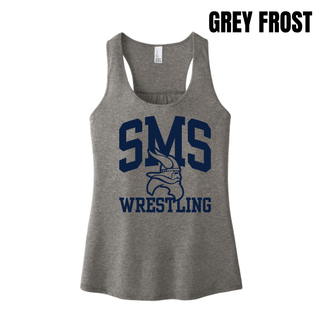 Grey Frost Seaman Vikings racerback tank with navy arched SMS, Viking head, and Wrestling design
