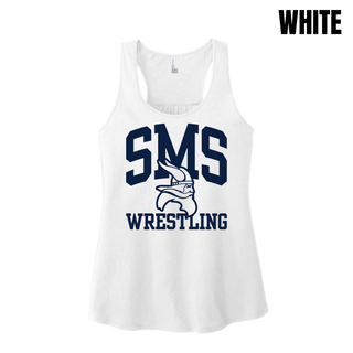 White Seaman Vikings racerback tank with navy arched SMS, Viking head, and Wrestling design